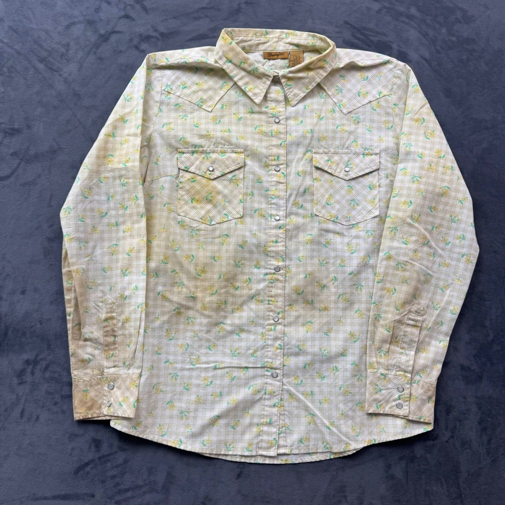 Wrangler Womens Western Snap Shirt Yellow Floral Plaid LW001RA Size Large